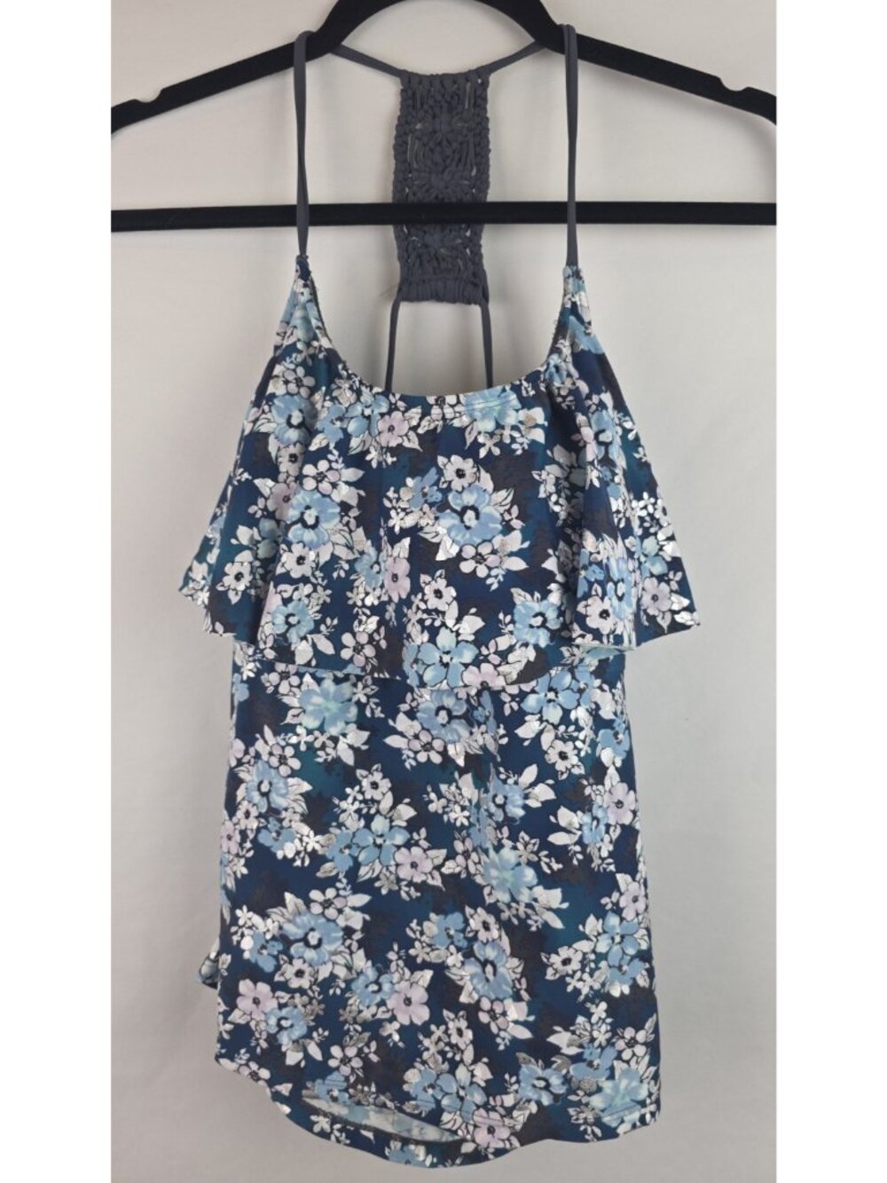 Arizona Tankini Top Women's Size XL Blue Floral Silver Swimsuit Swim Top
